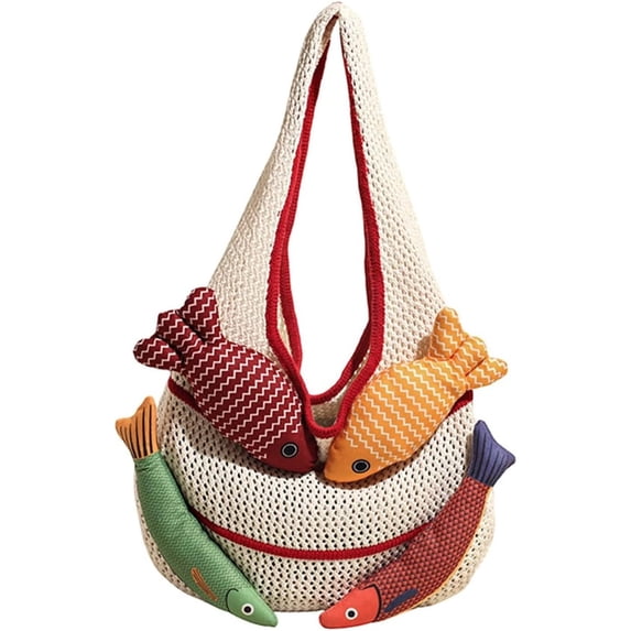 JKCCZLL Knitted Beach Shoulder Bag for Women 3D Fish Bohemian Tote Versatile Purse Soft Hobo Handbag for Summer Vacation 2026,B Red,outdoor