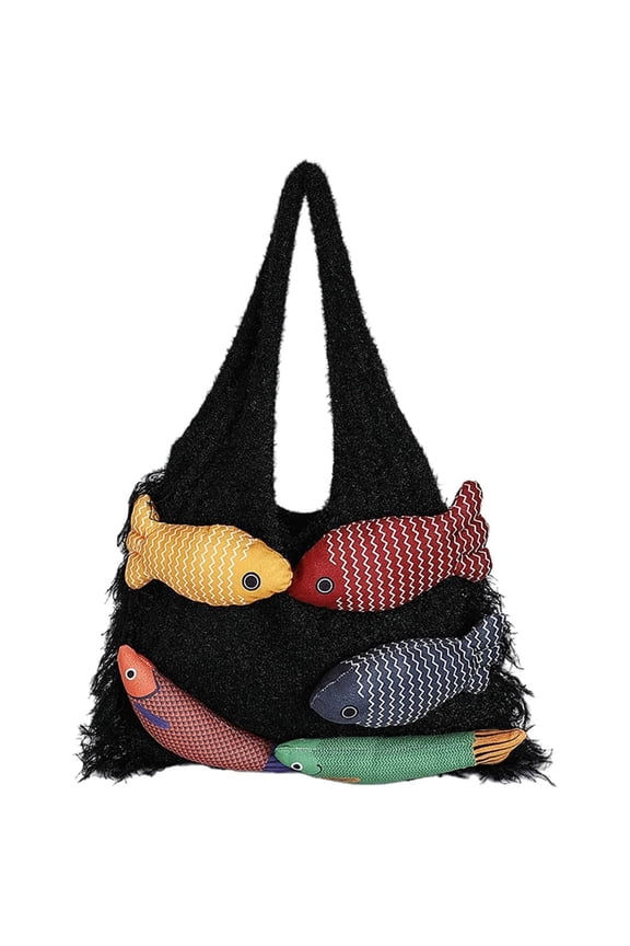 Knitted Beach Shoulder Bag for Women 3D Fish Bohemian Tote Versatile Purse Soft Hobo Handbag for Summer Vacation 2026,D Black,outdoor