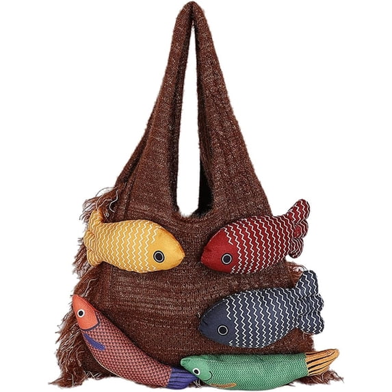 JKCCZLL Knitted Beach Shoulder Bag for Women 3D Fish Bohemian Tote Versatile Purse Soft Hobo Handbag for Summer Vacation 2026,D Brown,outdoor