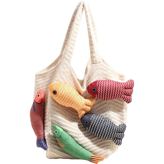 JKCCZLL Knitted Beach Shoulder Bag for Women 3D Fish Bohemian Tote Versatile Purse Soft Hobo Handbag for Summer Vacation 2026,E Beige,outdoor