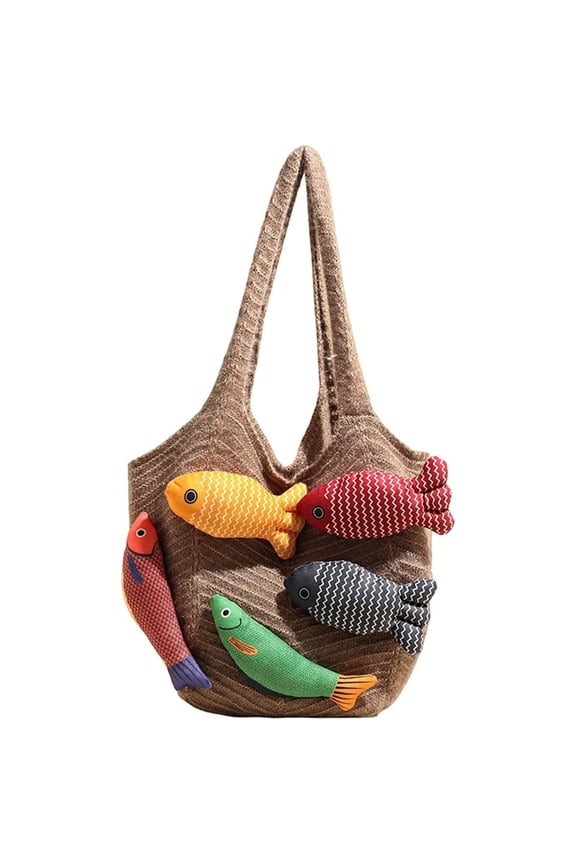 Knitted Beach Shoulder Bag for Women 3D Fish Bohemian Tote Versatile Purse Soft Hobo Handbag for Summer Vacation 2026,E Khaki,outdoor