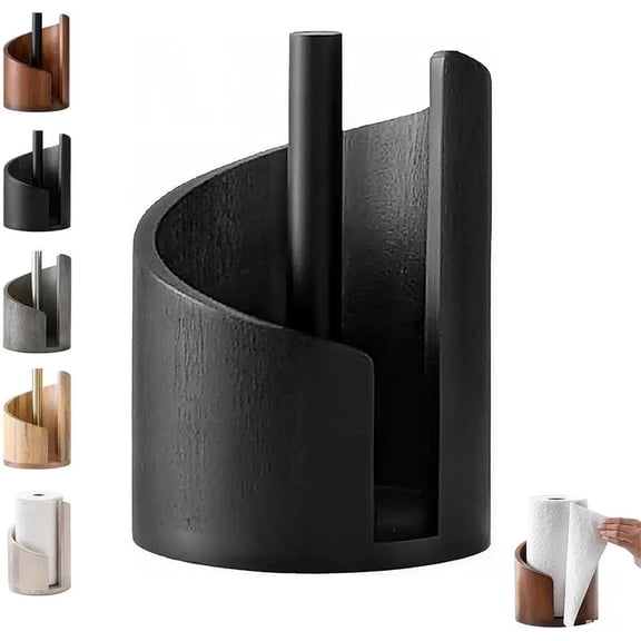 JKCCZLL Large Premium Bamboo Paper Towel Holder Heavy Duty Countertop Stand for Jumbo Rolls with Round Solid Wood Base, for Kitchen Dining Table Home Decor,Black,11.5in*8.25in