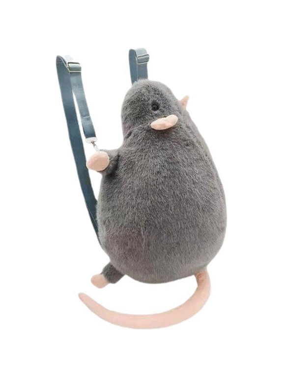 Rat Purse Backpack Furry Fluffy Animal Shaped Bag with Tail Novelty Fun Funky Soft Backpacks for Women Men Gift,Grey