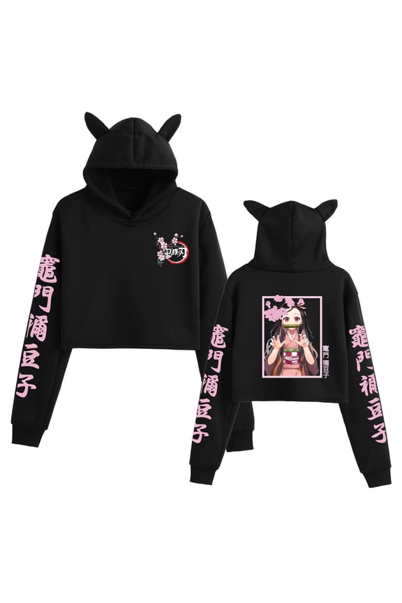 Anime Nezuko Kamado cropped hoodie, Tanjiro Kamado Zenitsu Agatsuma sweatshirt, Demon Slayer Harajuku style cute cat ear pullover, street style crop top.