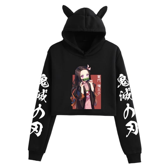 JKCIYHNEEOHP  Anime Nezuko Kamado cropped hoodie, Tanjiro Kamado Zenitsu Agatsuma sweatshirt, Demon Slayer Harajuku style cute cat ear pullover, street style crop top.