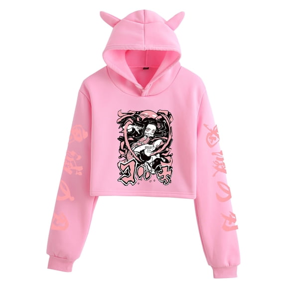 JKCIYHNEEOHP  Anime Nezuko Kamado cropped hoodie, Tanjiro Kamado Zenitsu Agatsuma sweatshirt, Demon Slayer Harajuku style cute cat ear pullover, street style crop top.