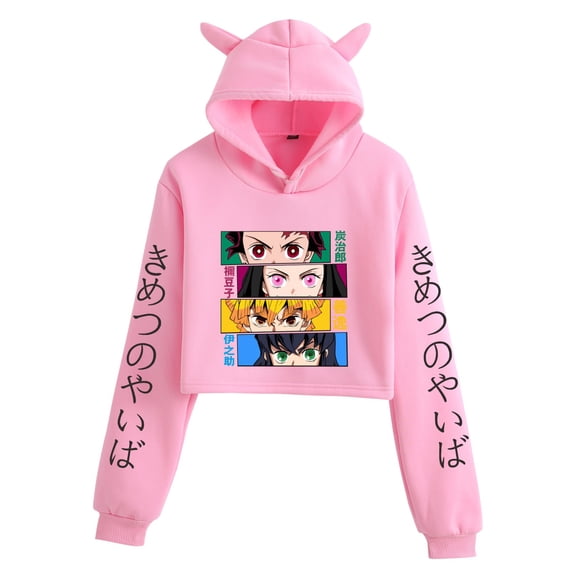 JKCIYHNEEOHP  Anime Nezuko Kamado cropped hoodie, Tanjiro Kamado Zenitsu Agatsuma sweatshirt, Demon Slayer Harajuku style cute cat ear pullover, street style crop top.