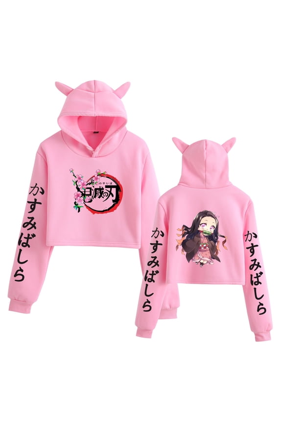 Anime Nezuko Kamado cropped hoodie, Tanjiro Kamado Zenitsu Agatsuma sweatshirt, Demon Slayer Harajuku style cute cat ear pullover, street style crop top.