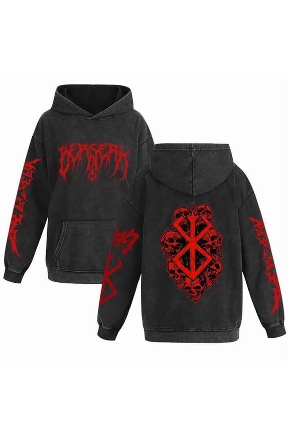 Berserk anime merchandise hoodie, cosplay sweatshirt, pullover, unisex adult size, pure cotton washed vintage style.