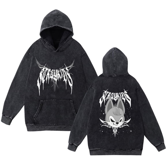 JKCIYHNEEOHP  StrayKids Hooded Sweatshirt, New SKZOO Style, Washed Vintage Distressed Cotton, Evil Cartoon Image, Unisex, Hooded