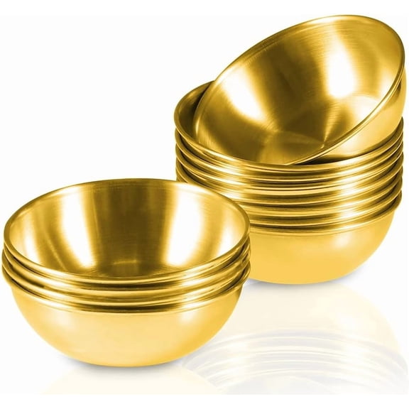 Rirvix 12Pcs Gold Stainless Steel Mini Dipping Bowls Stackable Set, Small Round Condiment Sauce Cups for BBQ, Steak, Salad, Restaurant & Home Serving