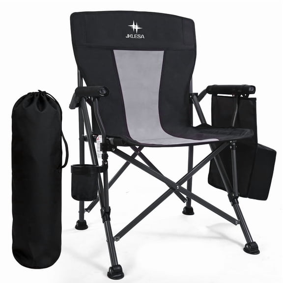 JKLESA XL Premium Camping Chair - 400lb Capacity, Oversized 23.7" Wide Seat, Heavy Duty 600D Oxford Fabric, Padded Camping Chair Portable for Outdoor, Beach, Tailgate Parties Black/Gray