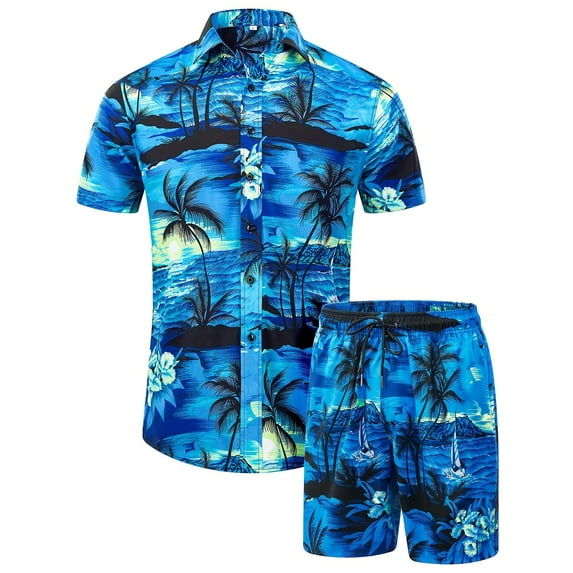 JKLPOLQ Men Casual Short Sleeve Hawaiian Shirt + Shorts Suits Button Down Beach Shirt Sets