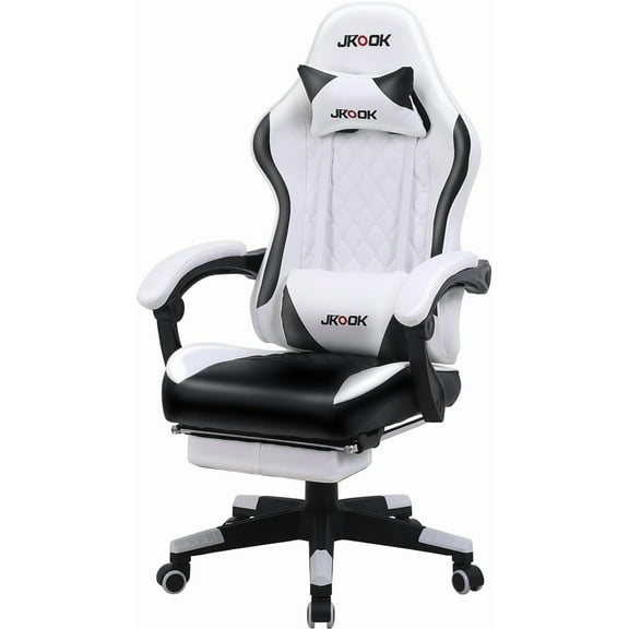 JKOOK Gaming Chair with Footrest, Multifunctional Desk Chair with Linkage Armrest, PU Leather, Video Game Computer Chairs with Lumbar Support, Study,Game,Office,JK08 (White)