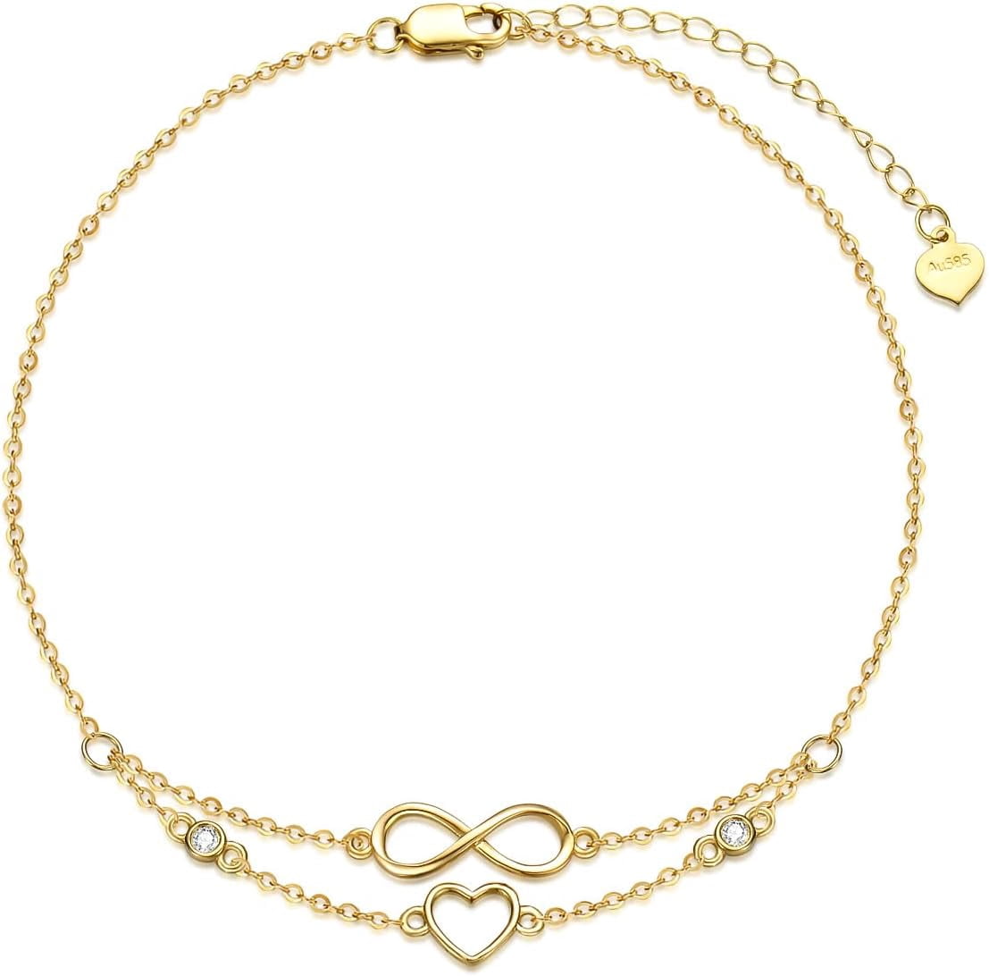 JKR 14K Real Gold Infinity Heart Anklet for Women, Yellow Gold Infinity Layered Anklets Bracelets Beach Foot Jewelry Birthday Valentines Day Gifts for Her, 8+2 Inch