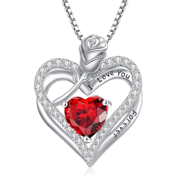 JKR 925 Sterling Silver Double Heart Rose Necklace with 12 Birthstone Jewelry Birthday Anniversary Gifts for Women Her Wife Girlfriend Mom