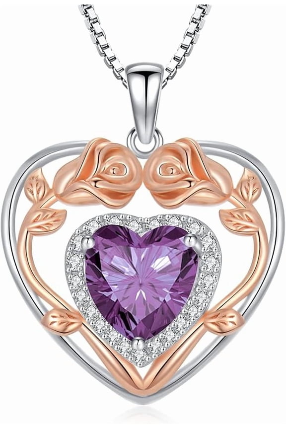 925 Sterling Silver Heart Rose Pendant Necklace with 12 Birthstone Jewelry Birthday Anniversary Mothers Day Gifts for Women Her Wife Girlfriend Mom