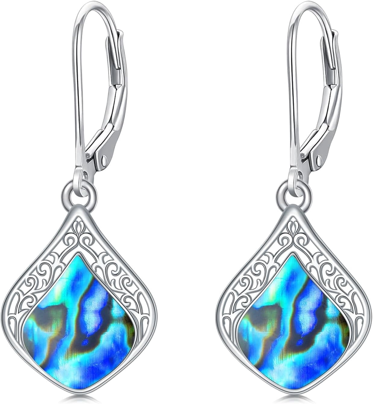 JKR Abalone Filigree Teardrop Earrings 925 Sterling Silver Gemstone Leverback Earrings Jewelry Birthday Valentines Mothers Day Gifts for Women