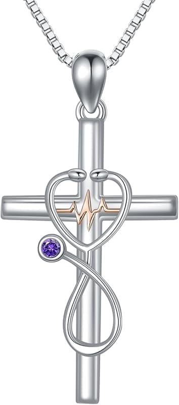 JKR Amethyst Gifts for Nurse 925 Sterling Silver Stethoscope Cross Necklace for Women Nurse Birthstone Jewelry Nursing Themed Medicine Nurses Day Gifts Doctor Medical Student RN