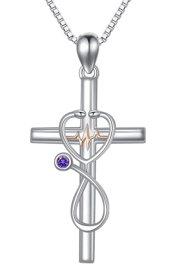 Amethyst Gifts for Nurse 925 Sterling Silver Stethoscope Cross Necklace for Women Nurse Birthstone Jewelry Nursing Themed Medicine Nurses Day Gifts Doctor Medical Student RN