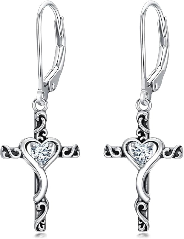 JKR Birthstone Cross Earrings 925 Sterling Silver Heart Cross Dangle Drop Earrings Fine Jewelry Birthday Gifts for Women Her Girlfriend