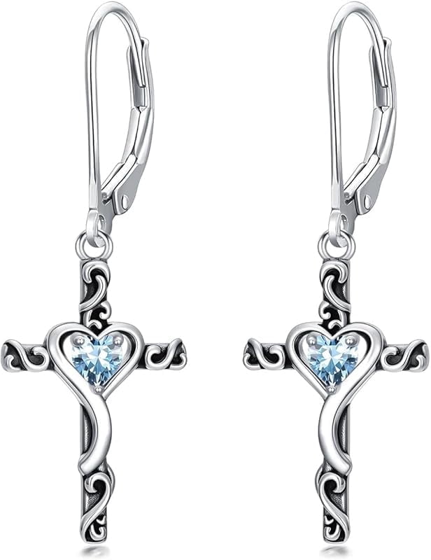 JKR Birthstone Cross Earrings 925 Sterling Silver Heart Cross Dangle Drop Earrings Fine Jewelry Birthday Gifts for Women Her Girlfriend