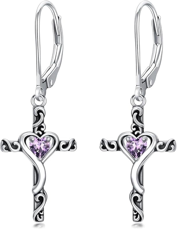 JKR Birthstone Cross Earrings 925 Sterling Silver Heart Cross Dangle Drop Earrings Fine Jewelry Birthday Gifts for Women Her Girlfriend
