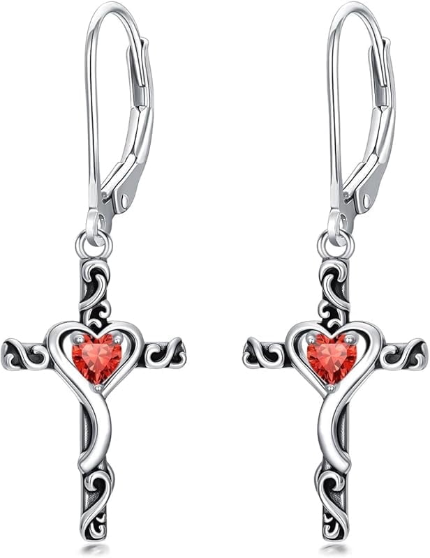 JKR Birthstone Cross Earrings 925 Sterling Silver Heart Cross Dangle Drop Earrings Fine Jewelry Birthday Gifts for Women Her Girlfriend