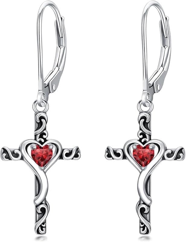 JKR Birthstone Cross Earrings 925 Sterling Silver Heart Cross Dangle Drop Earrings Fine Jewelry Birthday Gifts for Women Her Girlfriend