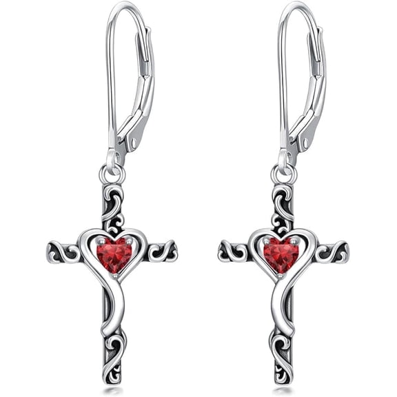 JKR Birthstone Cross Earrings 925 Sterling Silver Heart Cross Dangle Drop Earrings Fine Jewelry Birthday Gifts for Women Her Girlfriend