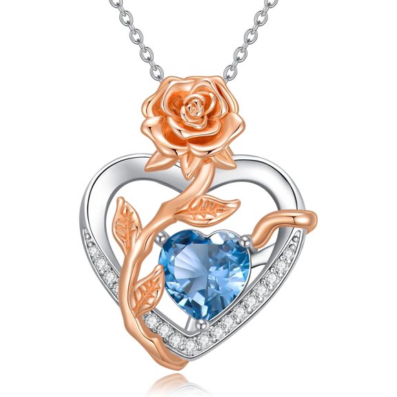 JKR Birthstone Necklace for Women 925 Sterling Silver Rose Flower Heart Pendant Necklaces Anniversary Jewelry Birthday Christmas Gifts for Her Wife Girlfriend