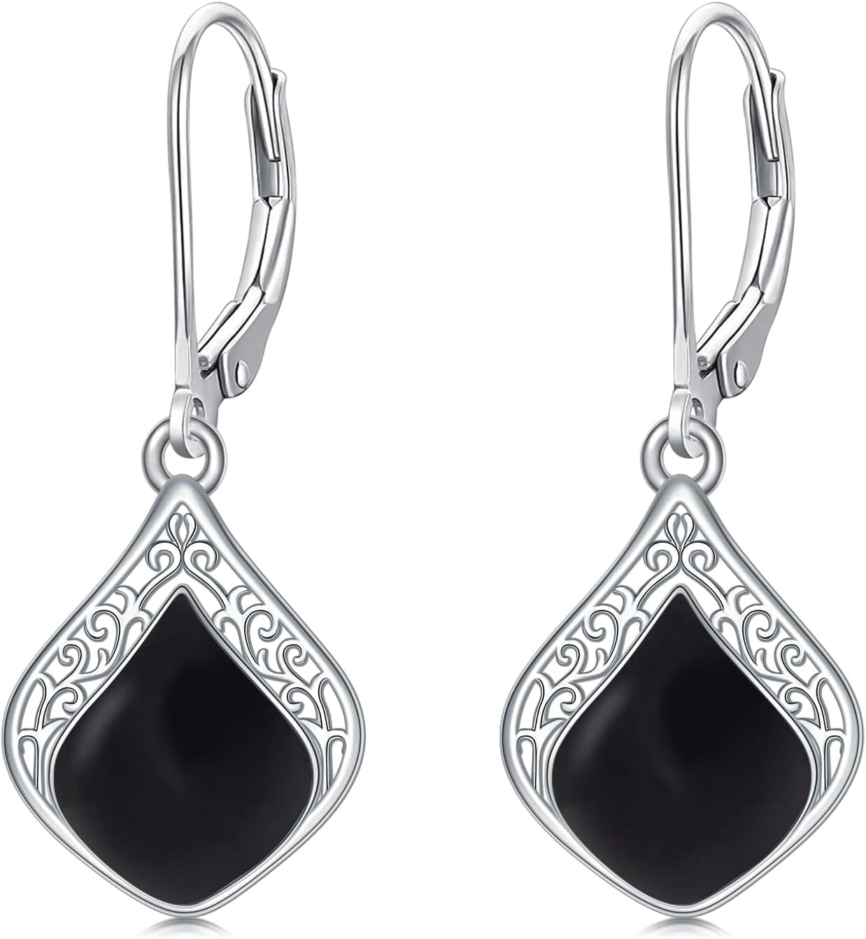 JKR Black Onyx Filigree Teardrop Earrings 925 Sterling Silver Gemstone Leverback Earrings Jewelry Birthday Valentines Mothers Day Gifts for Women