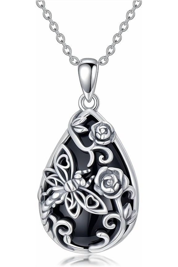 Black Onyx Necklace 925 Sterling Silver Dragonfly Pendant Teardrop Onyx Jewelry Birthday Gifts for Women