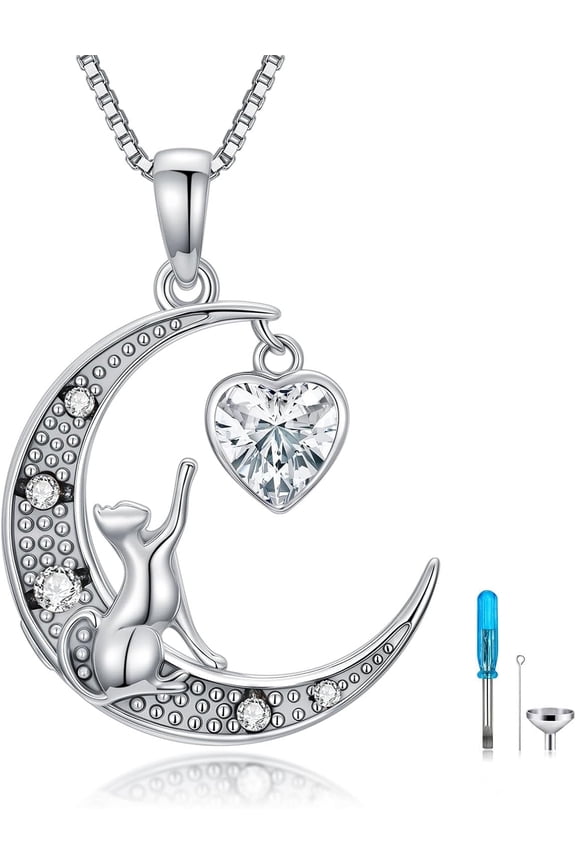 Cat Urn Necklace Sterling Silver Moon Ash Pendants Cremation Jewelry Memorial Necklaces For Ashes Keepsake Jewelry For Women Cat Mom