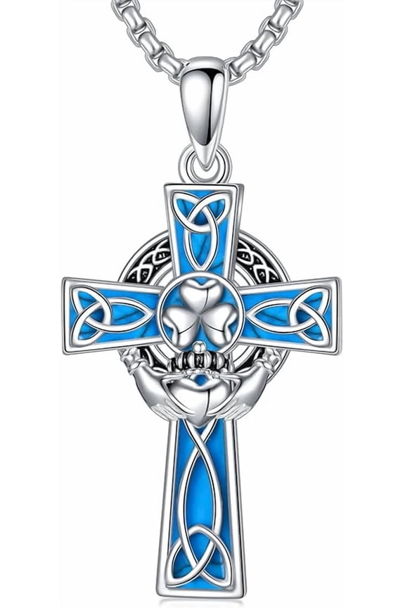 Claddagh Celtic Cross Necklace 925 Sterling Silver Turquoise Cross Pendant Faith Irish Amulet Jewelry Gifts for Women Men