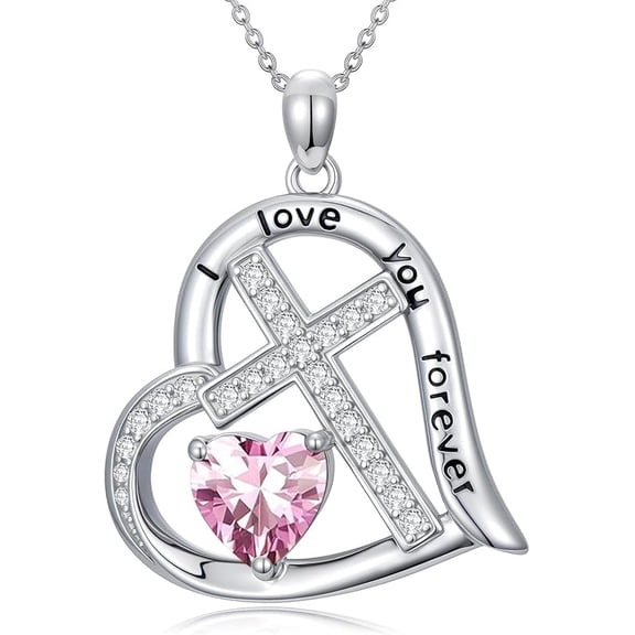 JKR Cross Necklace for Women 925 Sterling Silver Heart Birthstone Necklaces Christian Jewelry Baptism Birthday Gifts for Women