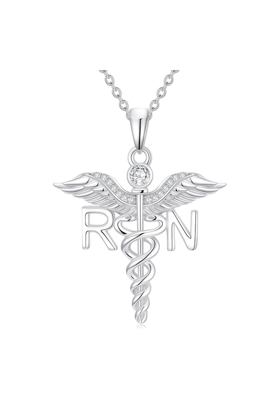 Diamond RN Necklace for Nurse 925 Sterling Silver Caduceus Pendant Registered Nurse Jewelry Pinning Ceremony Gifts for Nurses School Student Graduation