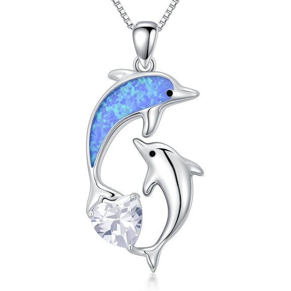 JKR Double Dolphin Necklaces for Women Sterling Silver Dolphin Gifts Heart Love Necklace for Her Anniversary Birthday Gifts for Women Sister Wife Mom