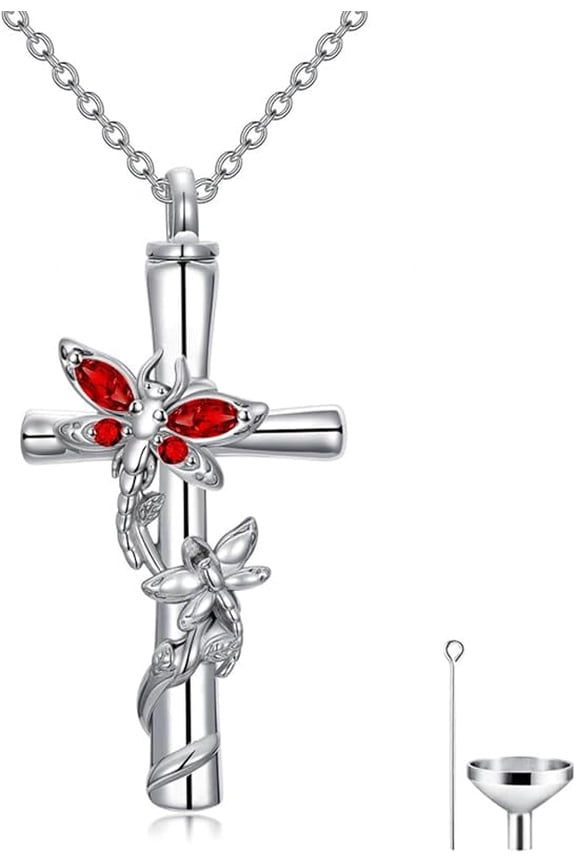Dragonfly Cross Urn Necklaces for Ashes Women White Gold Plated S925 Sterling Silver Funnel Filler Memorial Cremation Jewelry with Birthstone Sympathy Jewelry Gifts for Women