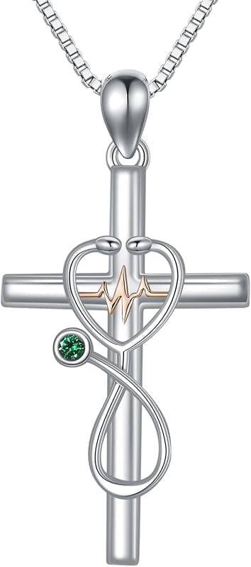 JKR Emerald Gifts for Nurse 925 Sterling Silver Stethoscope Cross Necklace for Women Nurse Birthstone Jewelry Nursing Themed Medicine Nurses Day Gifts Doctor Medical Student RN