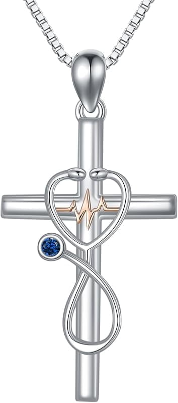 JKR Gifts for Nurse 925 Sterling Silver Stethoscope Cross Necklace for Women Nurse Birthstone Jewelry Nursing Themed Medicine Nurses Day Gifts Doctor Medical Student RN