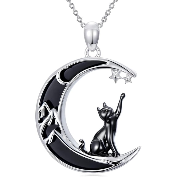 JKR Gothic Necklace Bat/Cat/Owl/Fox/Sun Black Onyx Pendant Sterling Silver Crescent Moon Necklaces for Women Black Jewelry Gifts