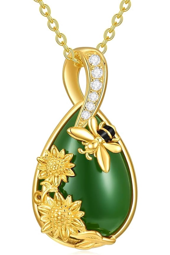 Green Jade Necklace Sterling Silver Teardrop Hummingbird/Dragonfly/Butterfly/Bee/Cat/Cardinal/Owl/Fox/Sloth Jade Jewelry Birthday Gifts Women Mom Wife