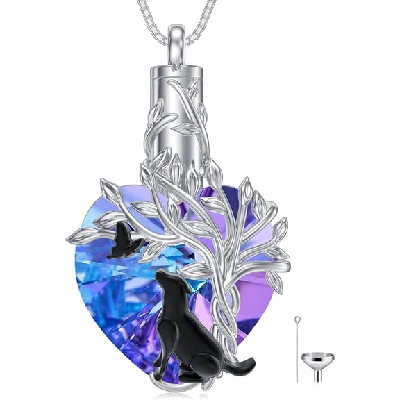 JKR Heart Tree of Life Urn Necklace for Ashes 925 Sterling Silver Cat/Dog/Hummingbird Cremation Jewelry with Amethyst Crystal w/Funnel Filler Memorial Gifts for Women