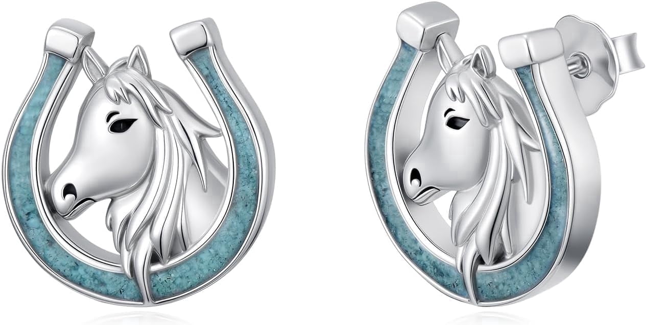 JKR Horse Stud Earrings Sterling Silver Turquoise Horseshoe Earrings Western Jewelry Gifts For Women Birthday Gifts for Her