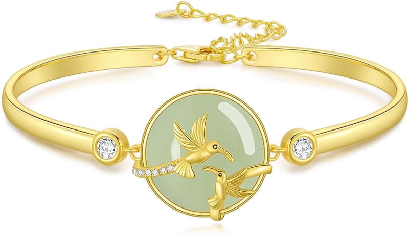 JKR Jade Bracelet for Women 14k Plated Sterling Silver Lotus/Sunflower/Tree of Life/Hummingbird/Dragonfly/Bee/Butterfly/Cat Jade Jewelry Birthday Mothers Day Gifts for Mom Grandma