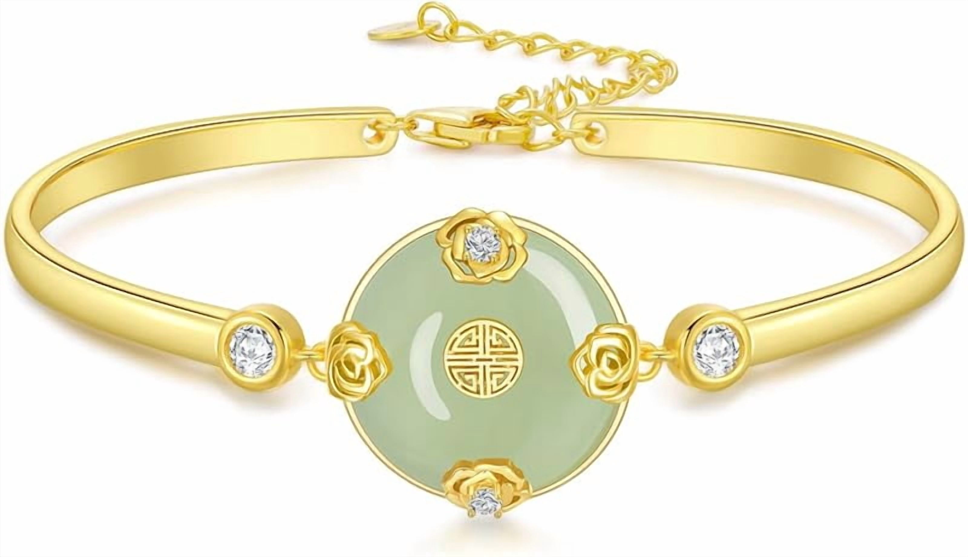 JKR Jade Bracelet for Women 14k Plated Sterling Silver Lotus/Sunflower/Tree of Life/Hummingbird/Dragonfly/Bee/Butterfly/Cat Jade Jewelry Birthday Mothers Day Gifts for Mom Grandma