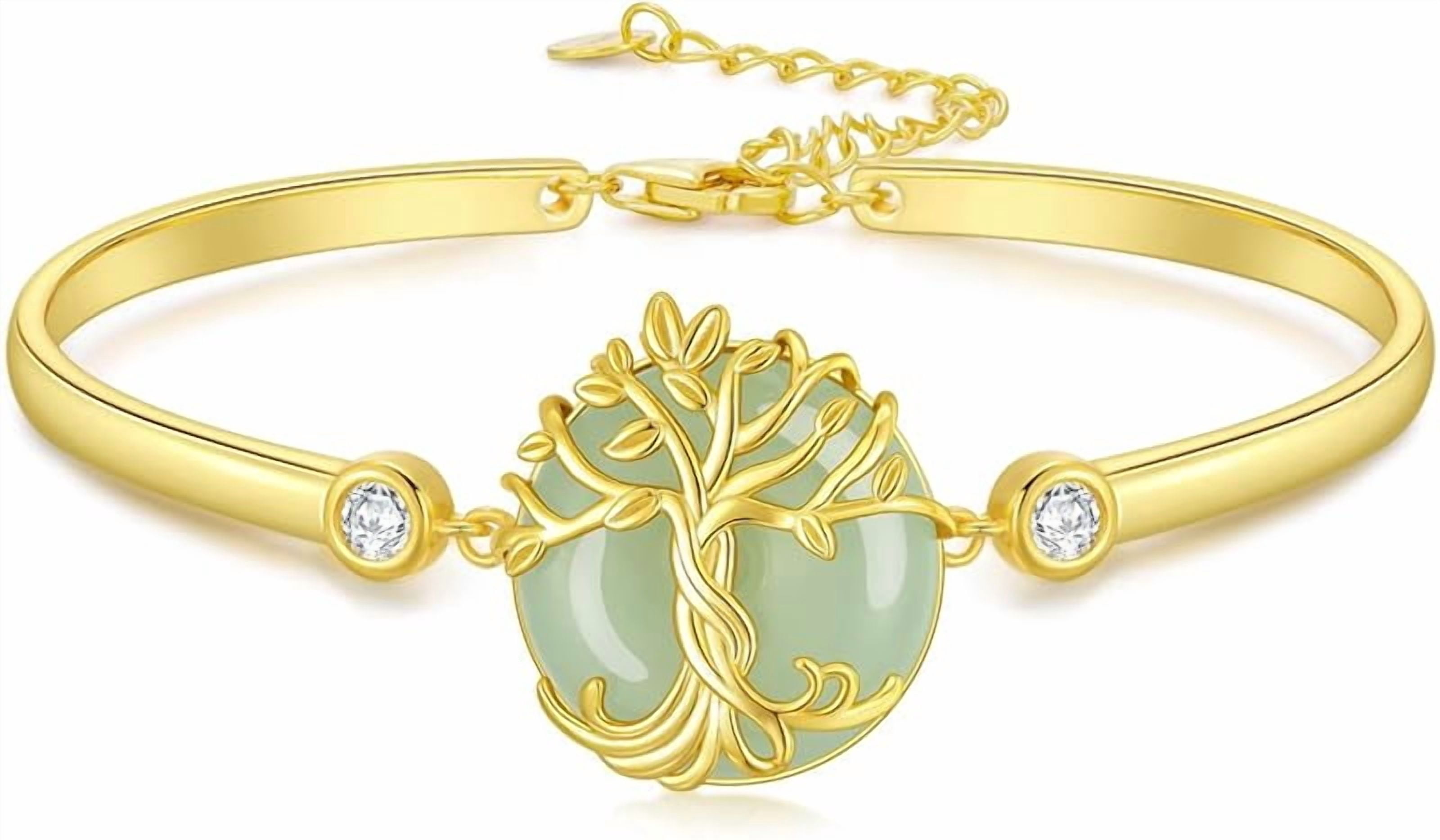 JKR Jade Bracelet for Women 14k Plated Sterling Silver Lotus/Sunflower/Tree of Life/Hummingbird/Dragonfly/Bee/Butterfly/Cat Jade Jewelry Birthday Mothers Day Gifts for Mom Grandma
