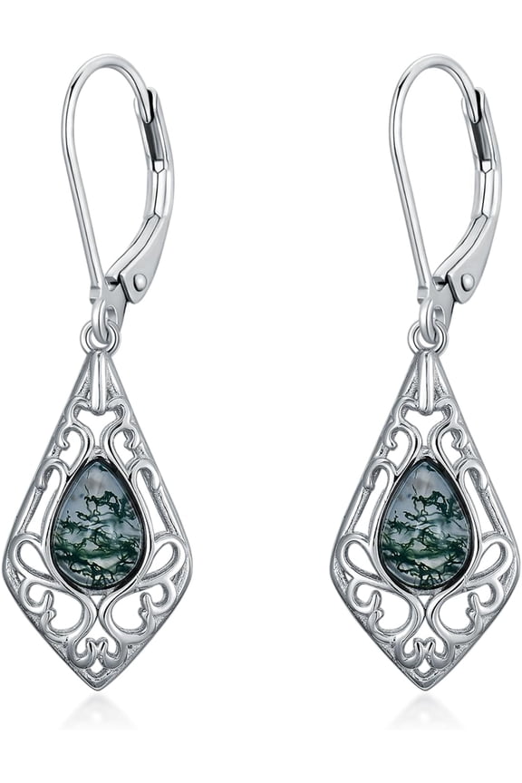 Moss Agate Filigree Bohemian Earrings 925 Sterling Silver Teardrop Gemstone Dangle Drop Earrings Fine Jewelry Birthday Valentines Mothers Day Gifts for Women