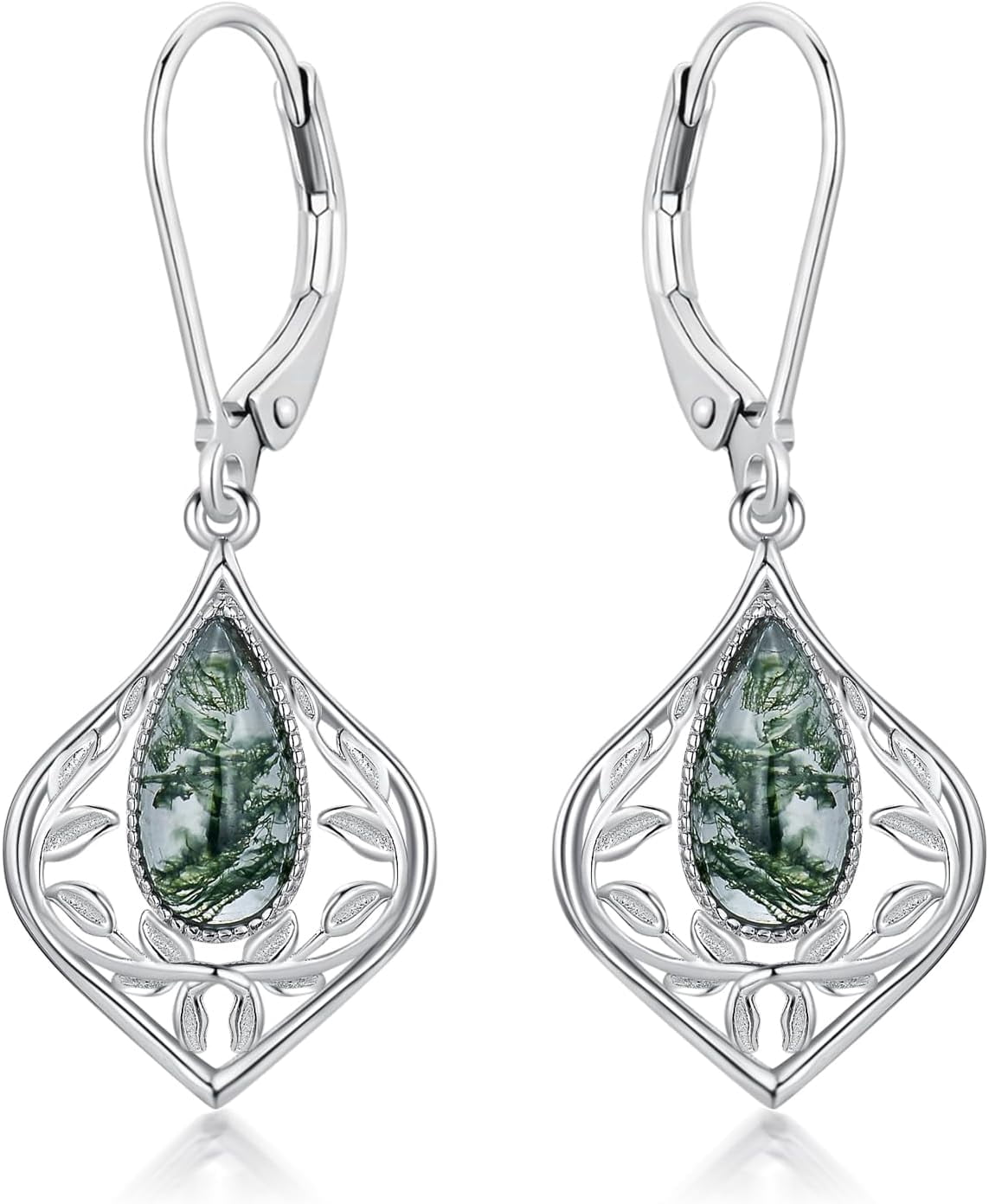JKR Moss Agate Filigree Teardrop Earrings 925 Sterling Silver Gemstone Leverback Earrings Jewelry Birthday Valentines Mothers Day Gifts for Women